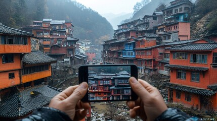 Poster - A person in a remote village using a smartphone to connect with the world, showing how technology reaches even the most isolated places Stock Photo with copy space