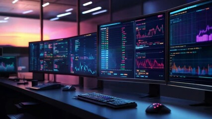 Poster - Multiple digital screens show colorful graphs and trading data in a dimly lit office, highlighting market activity during evening.