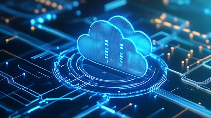 Poster - Digital cloud technology illustration representing data storage, cloud computing, and online network connectivity in a futuristic style.
