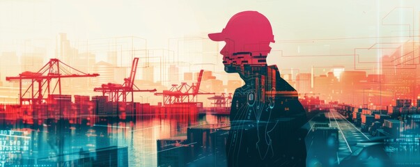 A man in a hard hat stands in front of a city skyline