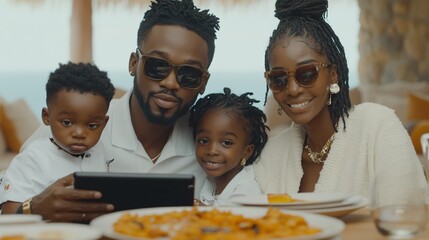 Poster - A family sitting around a dining table, watching a cooking show on a tablet propped up in front of them as they enjoy their meal together Stock Photo with copy space