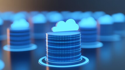 Poster - Digital illustration of cloud computing with stacks of glowing data servers representing online data storage and network infrastructure.