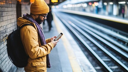 Aufkleber - A person standing on a subway platform, holding their phone horizontally and streaming a video while waiting for the train Stock Photo with copy space