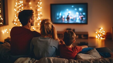 Poster - A family sitting on a large sectional sofa, watching a live concert stream on their TV, with the volume turned up and lights dimmed for an immersive experience Stock Photo with copy space