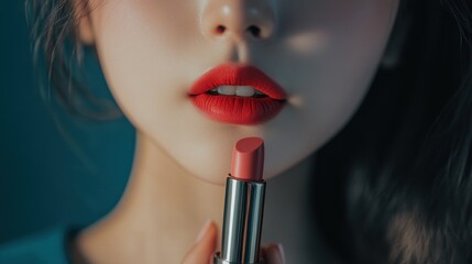 Canvas Print - Close-up of a woman's lips with red lipstick and a lipstick tube.