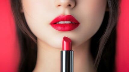 Canvas Print - Close-up of a woman's lips with red lipstick and lipstick tube.