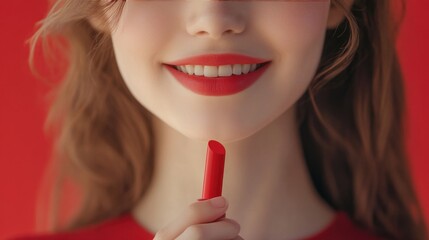 Canvas Print - Close up of a woman's mouth with red lipstick and a lipstick tube in her hand against a red background.