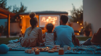 Poster - A family gathered in their backyard, watching a movie projected onto a screen, enjoying an outdoor cinema experience Stock Photo with copy space