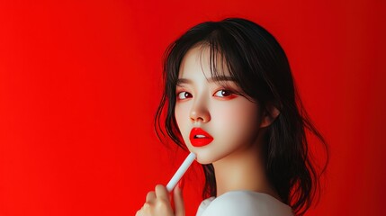 Wall Mural - Close-up portrait of a young woman with red lipstick and white top against a bright red background.