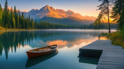 Wall Mural - Serene Morning Lake with Dock and Boat