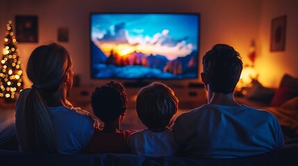 Poster - A family sitting in a modern living room, watching a nature documentary on a large TV, with expressions of awe and wonder on their faces Stock Photo with copy space