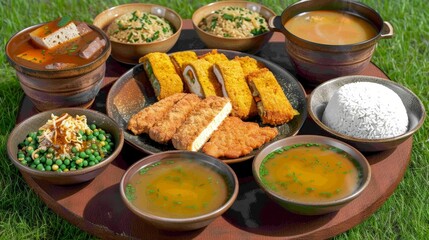 A Traditional Korean Meal with Various Dishes, Including Rice, Soup, and Fried Food