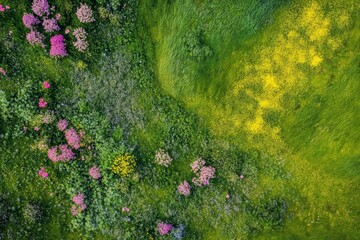 Poster - An aerial view showcasing the beauty of green meadows mixed with vibrant flowering plants in yellow and pink, highlighting the picturesque charm and lively colors of a natural landscape.