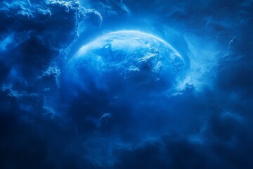 Poster - A striking blue planetary sphere emerges amidst dark swirling clouds, combining elements of space, mystery, and fantasy to create an entrancing vision of otherworldly beauty and intrigue.