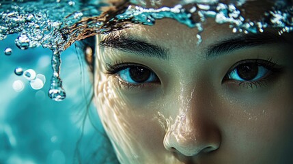 Poster - Close-up of woman's eye with water droplets, submerged in water.