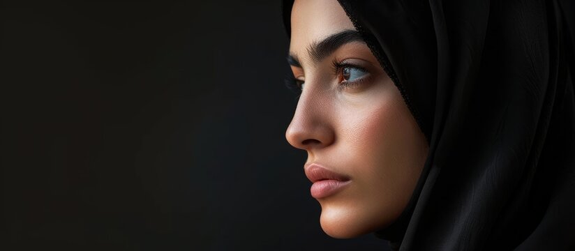 Her beauty is unveiled Portrait of a Muslim woman donning a hijab. Copy space image. Place for adding text and design