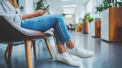 Poster - A person sitting in a modern office break room, holding their phone horizontally and watching a video during their lunch break Stock Photo with copy space