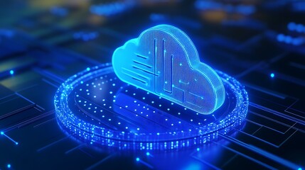 Poster - Futuristic blue digital cloud concept with glowing dots and circuits, representing technology, data storage, and innovation.