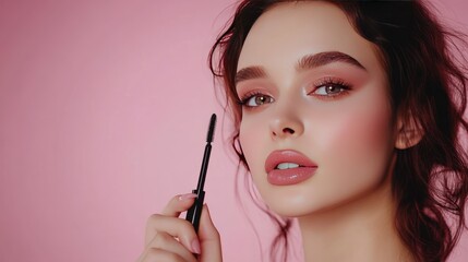 Sticker - Close up portrait of beautiful woman with mascara wand in hand against pink background.