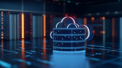 Poster - Futuristic cloud computing and data storage concept in a modern information technology server room environment.