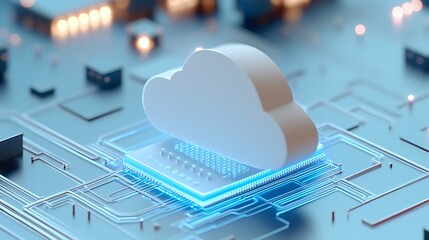 Poster - Futuristic cloud computing concept, illustrating data storage and digital information processing on a high-tech circuit background.