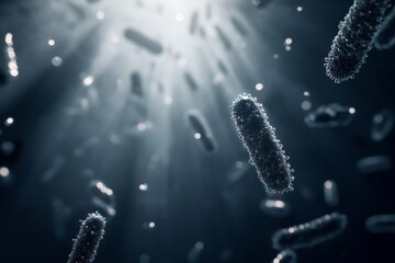 Poster - This image captures bacteria floating in a dark, moody underwater environment, providing a stark black-and-white contrast that emphasizes their intricate details and movements.