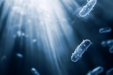 Poster - An artistic depiction of bacteria floating gracefully in a sunlit aquatic environment, showcasing the interaction between light and these microscopic organisms in a natural setting.