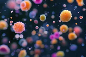Poster - A vibrant and colorful depiction of various bacteria floating in an artistic underwater environment, showcasing the diverse shapes, sizes, and colors of microscopic life.