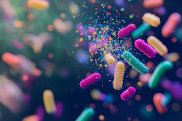Aufkleber - An image bursting with colorful and vibrant bacteria in a dynamic underwater scene, portraying the diversity and flourishing life of microscopic organisms in a lively aquatic environment.