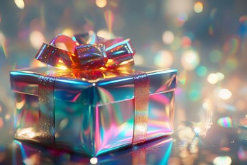 Poster - A striking image of a gift box wrapped in shiny, reflective paper with a ribbon bow, set against a colorful and vibrant background of bokeh lights, evoking excitement and celebration.