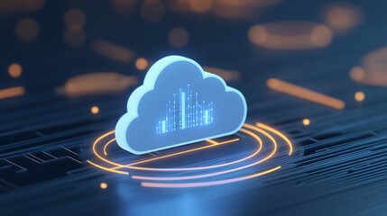 Poster - Futuristic cloud computing concept with a glowing cloud icon and digital data visualization on a dark background.