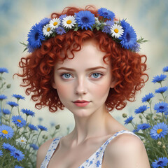 Young girl with short curly red hair in a wreath of cornflowers and daisies