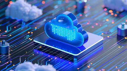 Futuristic cloud computing concept with digital cloud and circuit board, representing data storage and technology advancements.