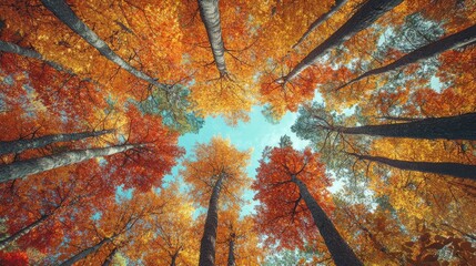 Wall Mural - An autumn forest full of trees with tall colors reaching towards the sky. AI generation