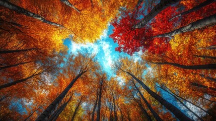 Wall Mural - An autumn forest full of trees with tall colors reaching towards the sky. AI generation