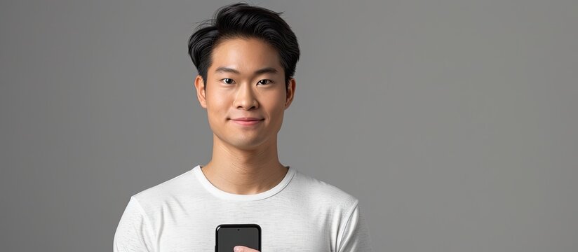 Asian man with a confident expression holding a smartphone photograph. Copy space image. Place for adding text and design