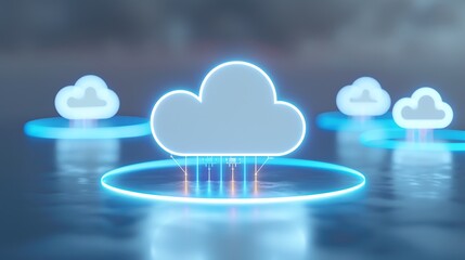 Poster - Futuristic cloud computing concept with illuminated clouds and digital reflections on surface, symbolizing data storage and technology.