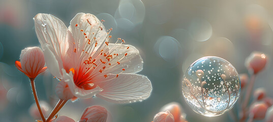 A macro shot of a blooming flower with a translucent 3D object floating nearby, under soft morning light
