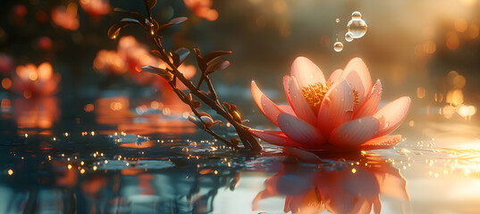 A macro shot of a blooming flower with a translucent 3D object floating nearby, under soft morning light