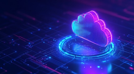 Futuristic cloud computing digital concept with neon lights and technology elements. Representing modern data storage and internet services.