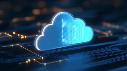 Poster - Futuristic cloud computing technology concept, glowing digital cloud icon with data visualization on abstract dark background.