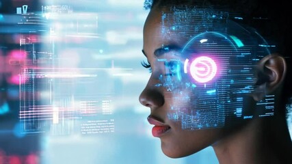 Poster - A woman engages with digital graphics on a screen, showcasing data visualization and technology in an advanced environment.