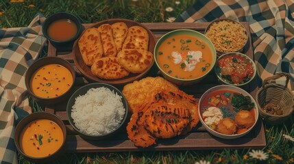 An Array of Indian Dishes Served on a Wooden Tray