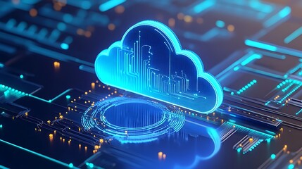 Poster - Futuristic cloud computing technology concept with holographic digital display and circuit board background.