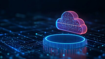 Poster - Futuristic cloud computing technology with digital interface data grid and network connection in neon lights. Emerging tech concept.
