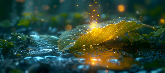 A macro shot of a leaf with a 3D holographic object hovering just above, illuminated by soft sunlight