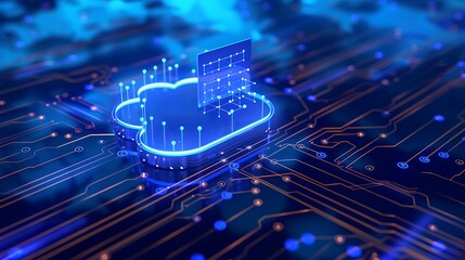 Poster - Futuristic cloud technology concept with digital data circuits, representing cloud computing infrastructure and innovation.