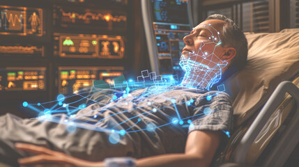 a patient lies in a hospital bed surrounded by a futuristic digital interface.