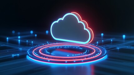 Poster - Futuristic cloud technology represented by neon lights and digital elements in a dark background, symbolizing modern data storage solutions.