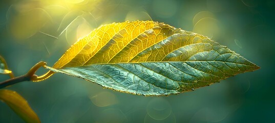A macro shot of a leaf with a 3D holographic object hovering just above, illuminated by soft sunlight